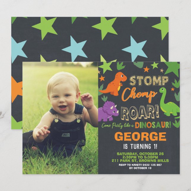 Convites Garoto do Festa do primeiro aniversario Dinossauro (Frente/Verso)