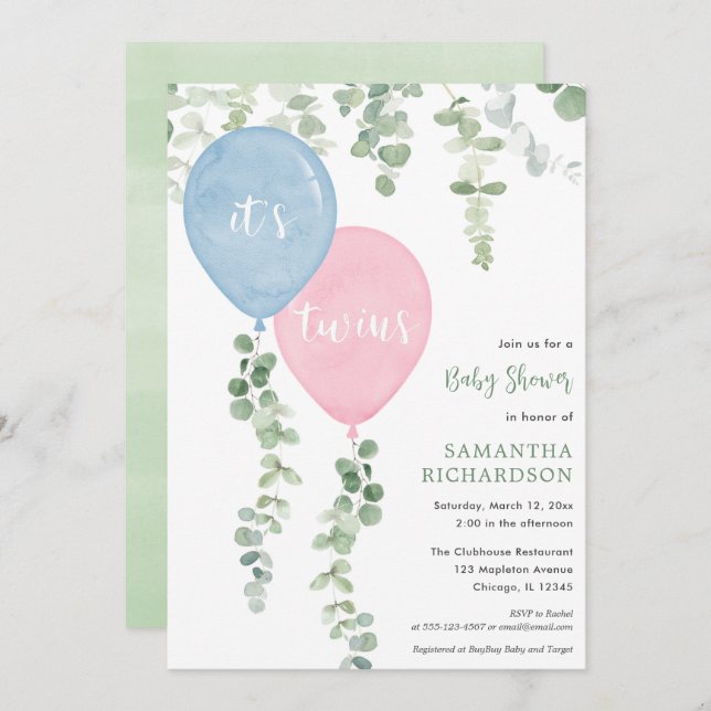 Convites Garoto gêmeo chá de fraldas de balões rosa azul (Frente/Verso)