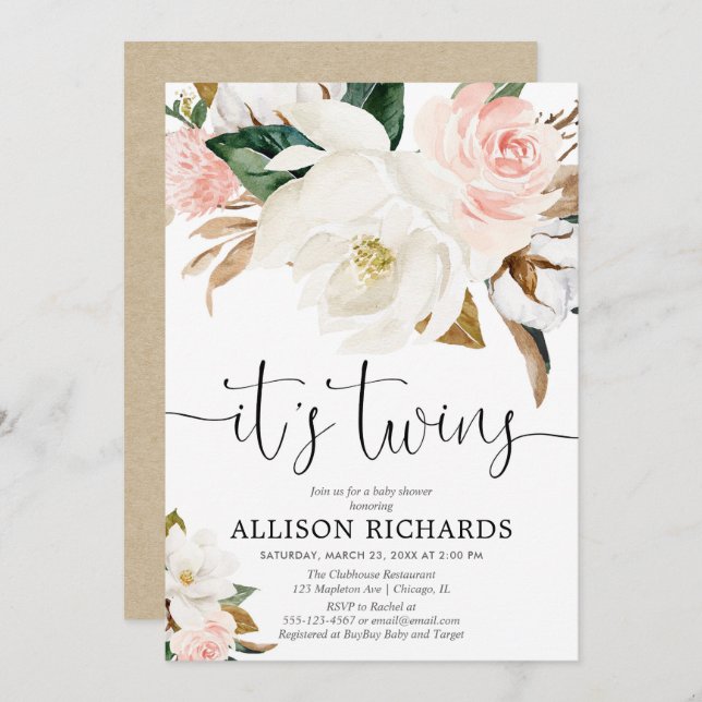 Convites Garoto gêmeo chá de fraldas roxo branco rosa (Frente/Verso)