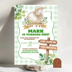 Convites Garoto Greenery Lamb Primeiro Aniversário