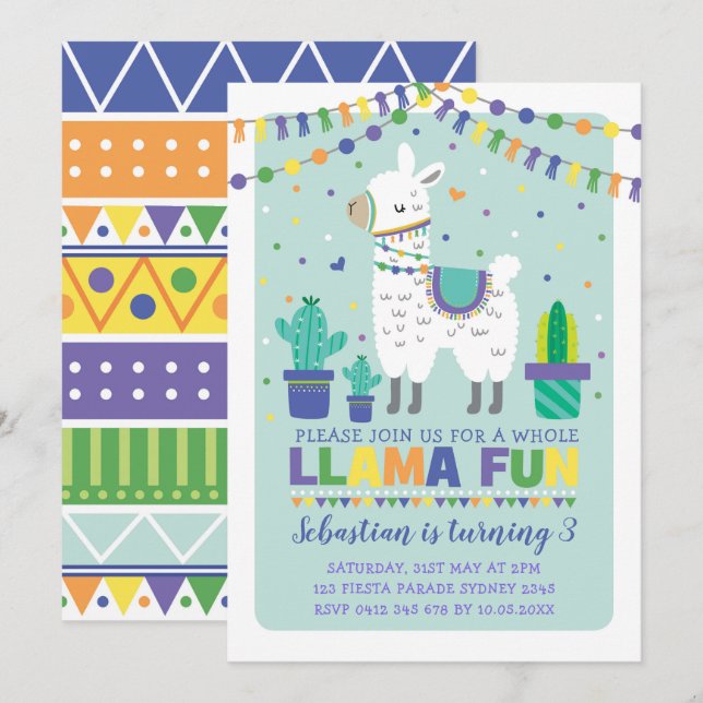 Convites Garoto Llama Birthday / Festa Cute Alpaca Fiesta (Frente/Verso)