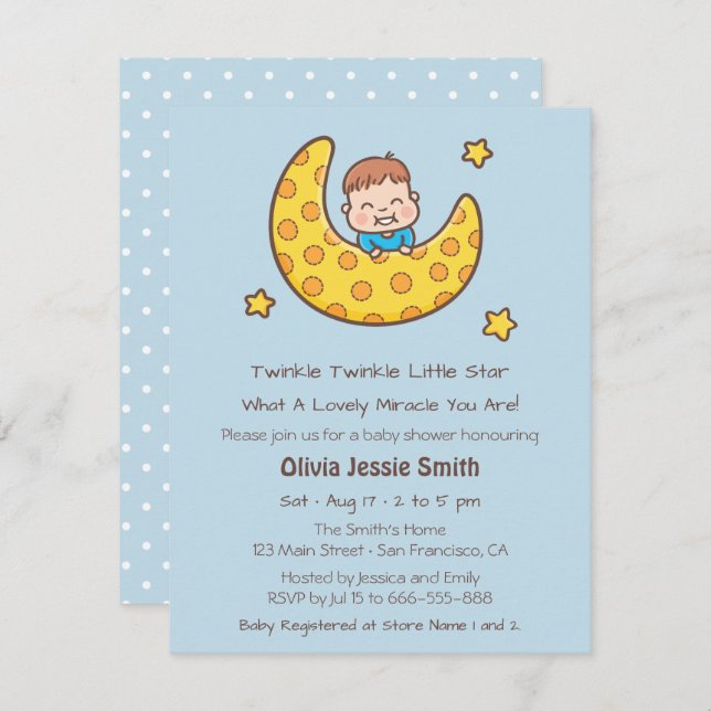Convites Garoto na Lua brilha Pequeno Chá de fraldas de Est (Frente/Verso)