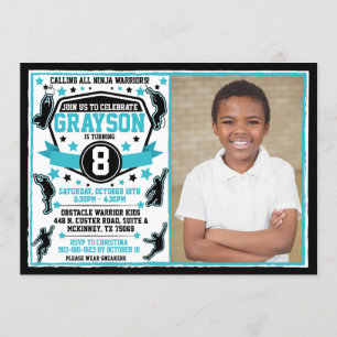 Convites Garoto Ninja Warrior Preto e Azul Turquesa Foto