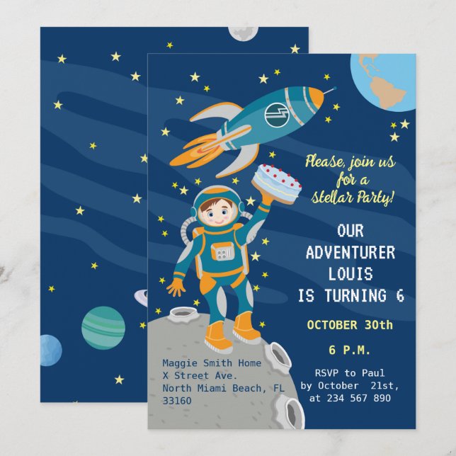Convites Garoto pequeno astronauta sonha Festa de aniversár (Frente/Verso)