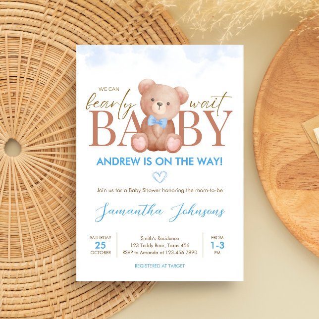 Convites Garoto, Podemos Ampliar Chá de fraldas De Espera (Blue We Can Bearly Wait Bear Baby Shower Invitation)