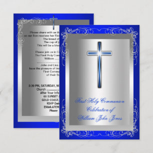 Convites Garoto Primeira Comunhão Prateado Real Azul