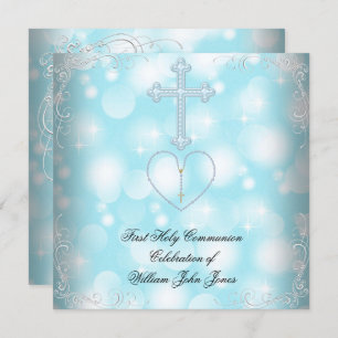Convites Garoto Primeiro Sagrado Comunhão Azul Branco