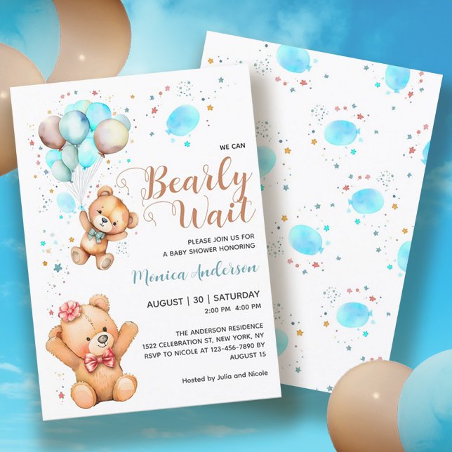 Convites Garoto Teddy Bear Podemos Bater Chá de fraldas De  (Boy Teddy Bear We Can Bearly Wait Baby Shower Invitation)