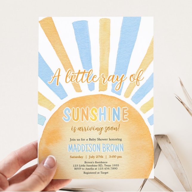 Convites Garoto Um Pequeno Raio de Chá de fraldas Sol (Blue Boho Sunshine Baby Shower Invitation)