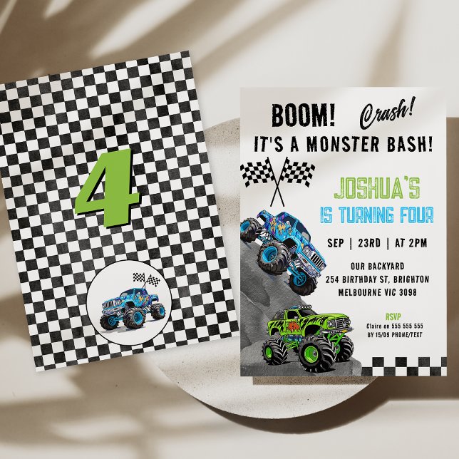 Convites Garoto Verde Azul Fluorescente Monster Truck Anive (Boys Monster Truck Monster Bash Birthday Invitation, Monster Bash Invitation Card, Boom Invitation)