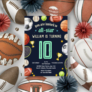 Convites garotos azuis do jogo Esporte 10º aniversário