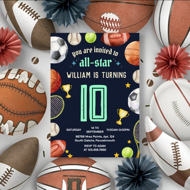 Convites garotos azuis do jogo Esporte 10º aniversário (Criador carregado)