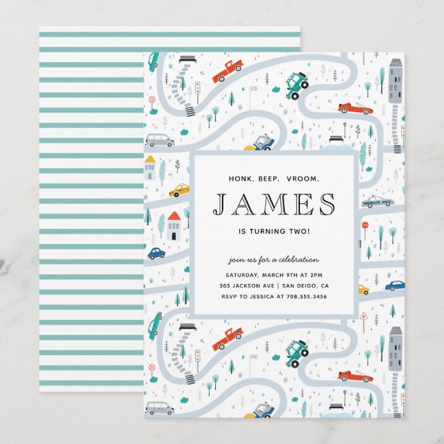 Convites Garotos Caminhões E Carros, Segunda Festa de anive (Frente/Verso)