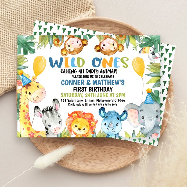 Convites Garotos Gêmeos Coloridos primeiro aniversario Safa (Colorful Twin Boys Safari Wild Ones 1st Birthday Invitation, Party Animals, Jungle First Birthday )
