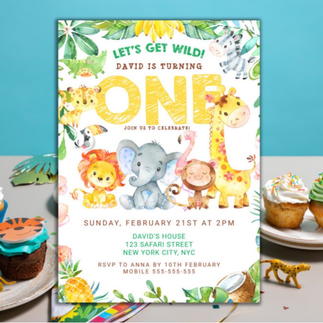 Convites Garotos Selvagens de primeiro aniversario de Anima (Safari Party Jungle Animals Boy First Birthday Invitation )