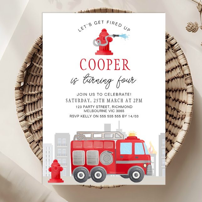 Convites Garotos, Vamos Vermelho, Disparam o Motor de Fogo (Lets Get Fired Up Fire-engine Birthday Invitation Template, Firefighter Birthday Invitation Hydrant)