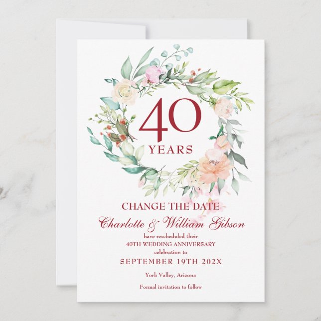 Convites Garra de Rosas para Mudar a Data do 40º Aniversári (Frente)