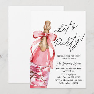 Convites Garrafa de champanhe com laço rosa na festa de Ano