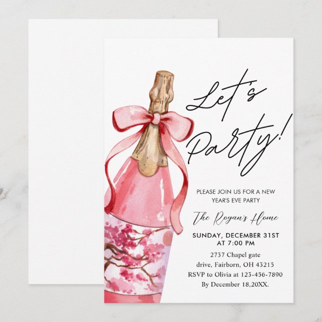 Convites Garrafa de champanhe com laço rosa na festa de Ano (Frente/Verso)