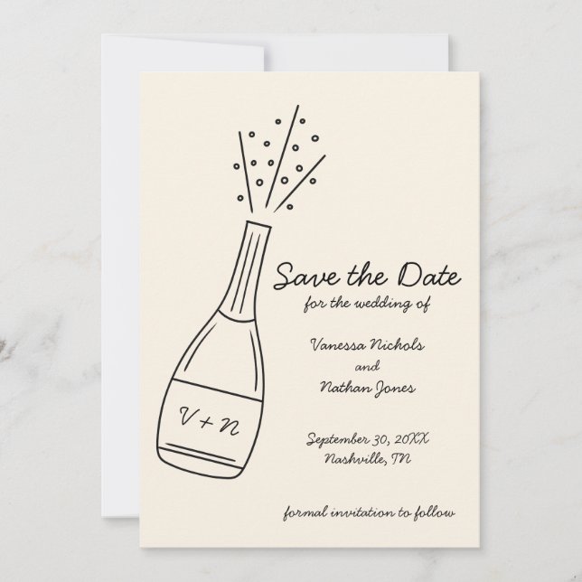 Convites Garrafa de Champanhe Estalando Save the Date (Frente)