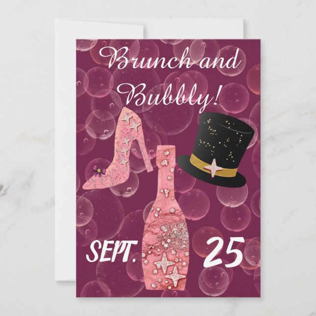 Convites Garrafa de Champanhe Rose Bubbly & Brunch & Glitte (Frente)