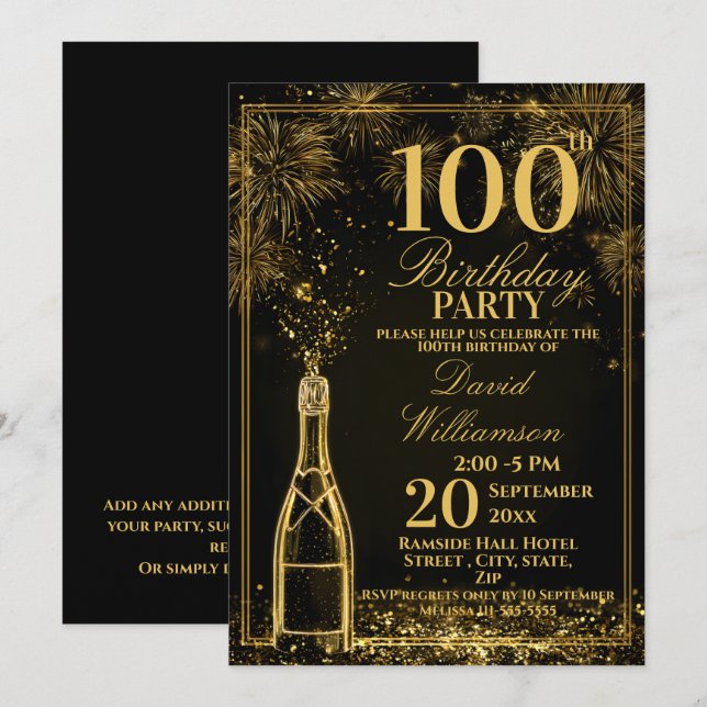 Convites Garrafa de Fizz Dourada de Aniversário de 100 Anos (Frente/Verso)