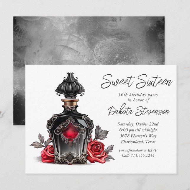 Convites Garrafa de perfumaria vitoriana e Rosas | Doce Dez (Frente/Verso)