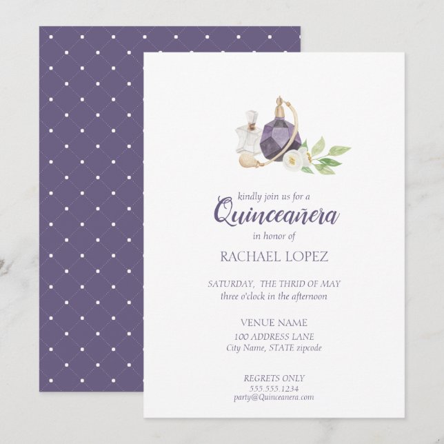 Convites Garrafa de perfumes de aquarela Quinceanera Aniver (Frente/Verso)