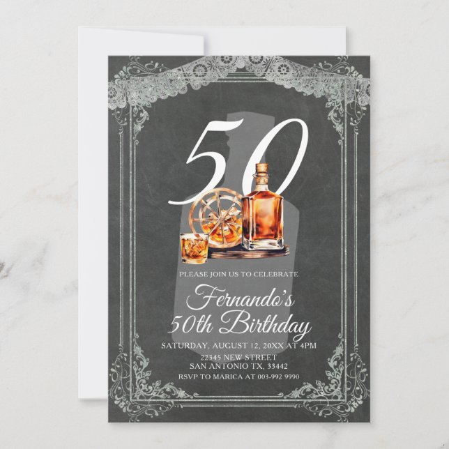 Convites Garrafa de Uísque Rústica Aniversário de 50 Anos A (Frente)