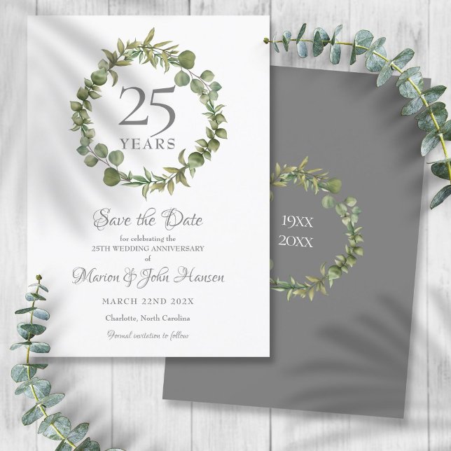 Convites Garrafa de Verduras para Data de Salvamento do 25º (25th Anniversary Save the Date Greenery Garland Invitation)