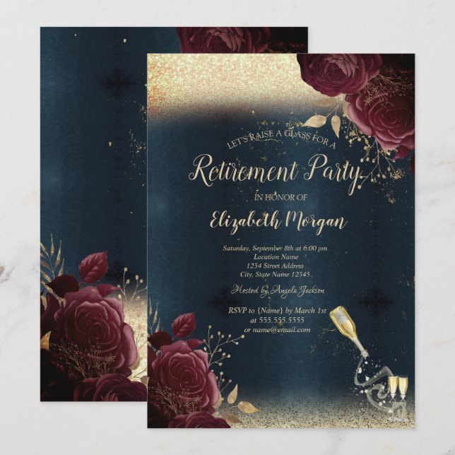 Convites Garrafa de vidro de vinho,Rosas de borgonha (Frente/Verso)