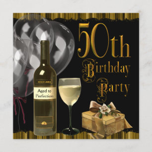 Convites Garrafa de Vinho Cálice Dourado Aniversário de 50