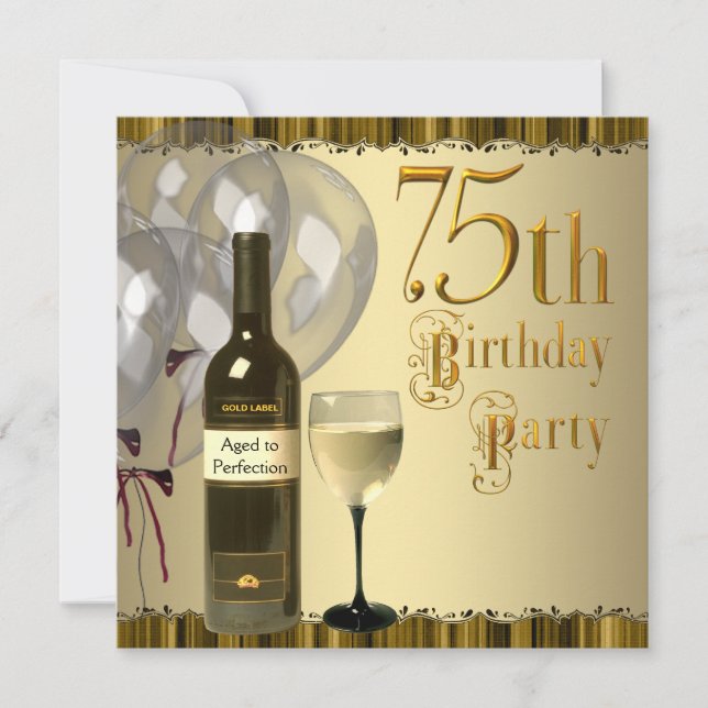 Convites Garrafa de Vinho Cálice Dourado Aniversário de 75  (Frente)