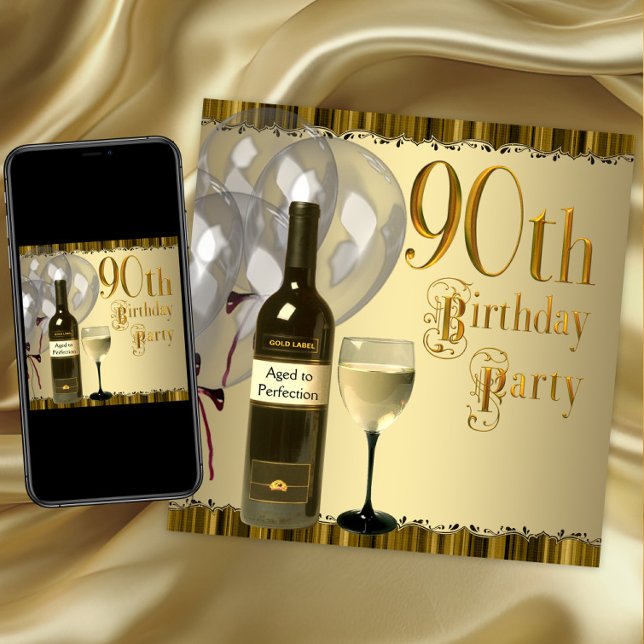 Convites Garrafa de Vinho com Copo de Ouro Festa de Anivers (90th birthday party invitation. Instant download and printed invitations available.)