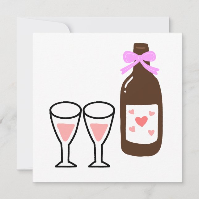 Convites Garrafa de Vinho com Laço Rosa e Copos (Frente)