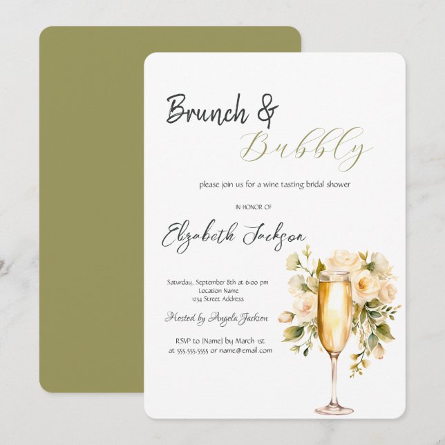Convites Garrafa de Vinho Vidro Flor Verde Brunch & Espuman (Frente/Verso)