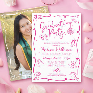 Convites Garrafa Rosa Desenhada à Mão Foto Graduada Festa B