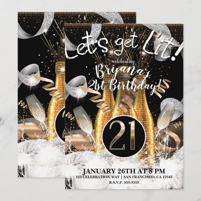 Convites Garrafas de Champanhe Dourado Let's Get Lit 21º Fe (Frente/Verso)