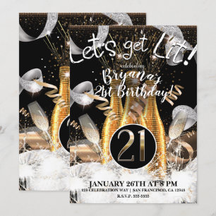 Convites Garrafas de Champanhe Dourado Let's Get Lit 21º Fe