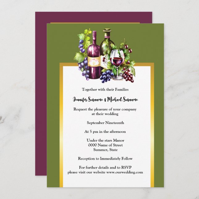 Convites Garrafas de vidro de vinho aquoso uvas verdes verm (Frente/Verso)