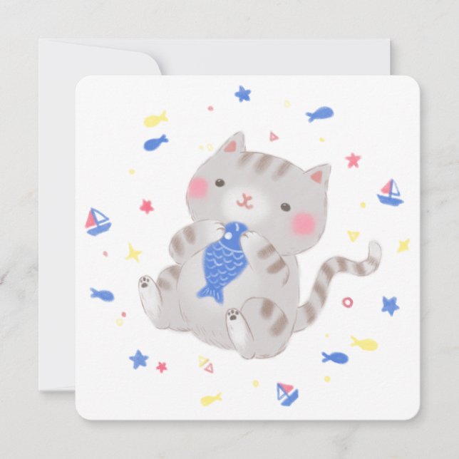 Convites Gatinho bonito com peixe na ilustração de verão (Frente)