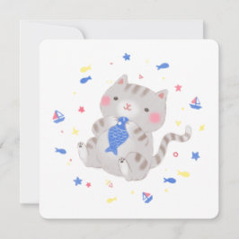 Convites Gatinho bonito com peixe na ilustração de verão