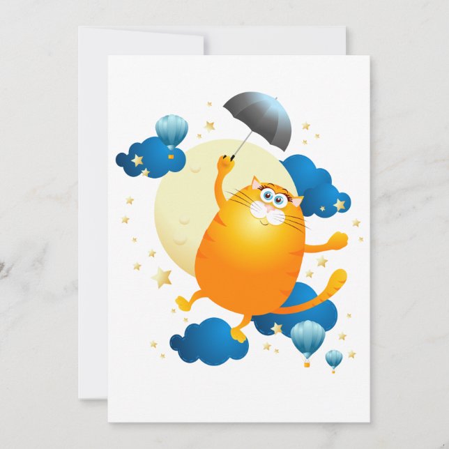 Convites Gatinho bonito voando com guarda-chuva (Frente)
