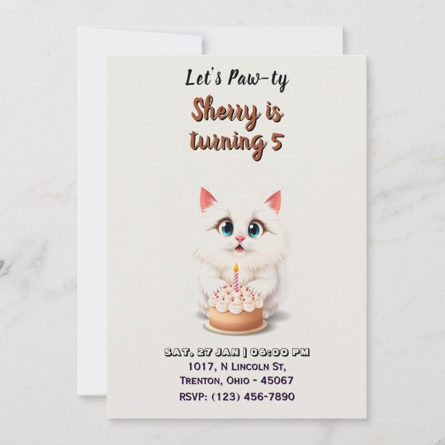 Convites Gatinho branco bonito com bolo de aniversário pers (Frente)