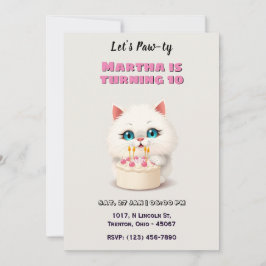 Convites Gatinho branco bonito com bolo de aniversário pers