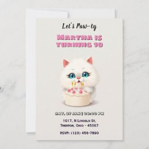 Convites Gatinho branco bonito com bolo de aniversário pers