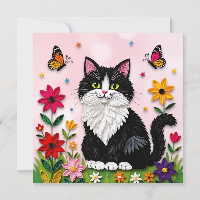 Convites Gatinho Cor-de-Rosa Fofo entre Flores (Frente)
