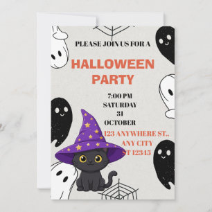 Convites Gatinho de Chapéu Roxo Encantador no Halloween 