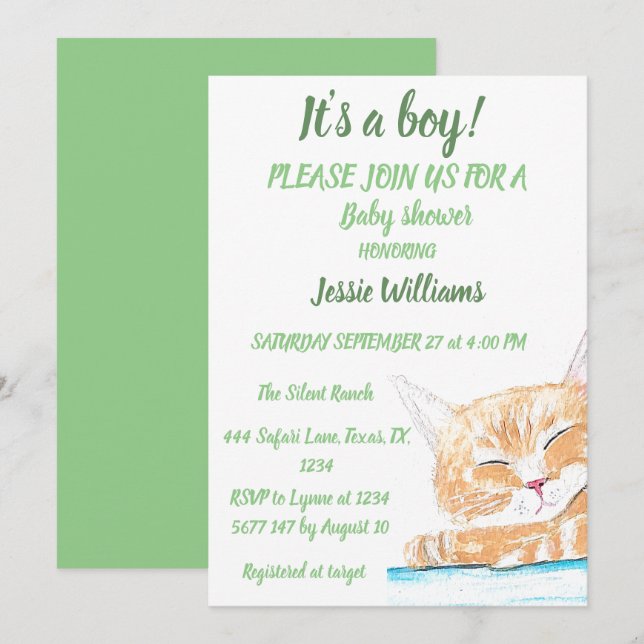 Convites Gatinho de Gato Gato Gato Gatinho Menino Verde (Frente/Verso)