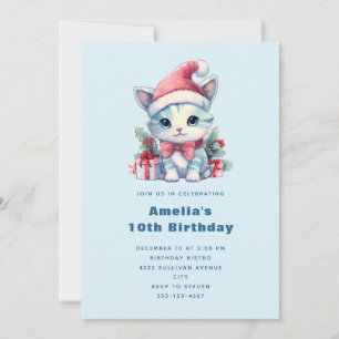 Convites Gatinho Fofo de Chapéu de Papai Noel Aniversário d